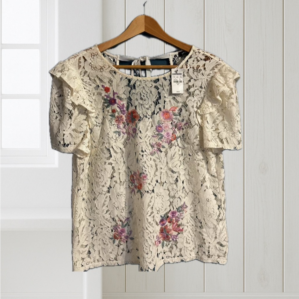 Express Cream Lace Top with Floral Embroidery